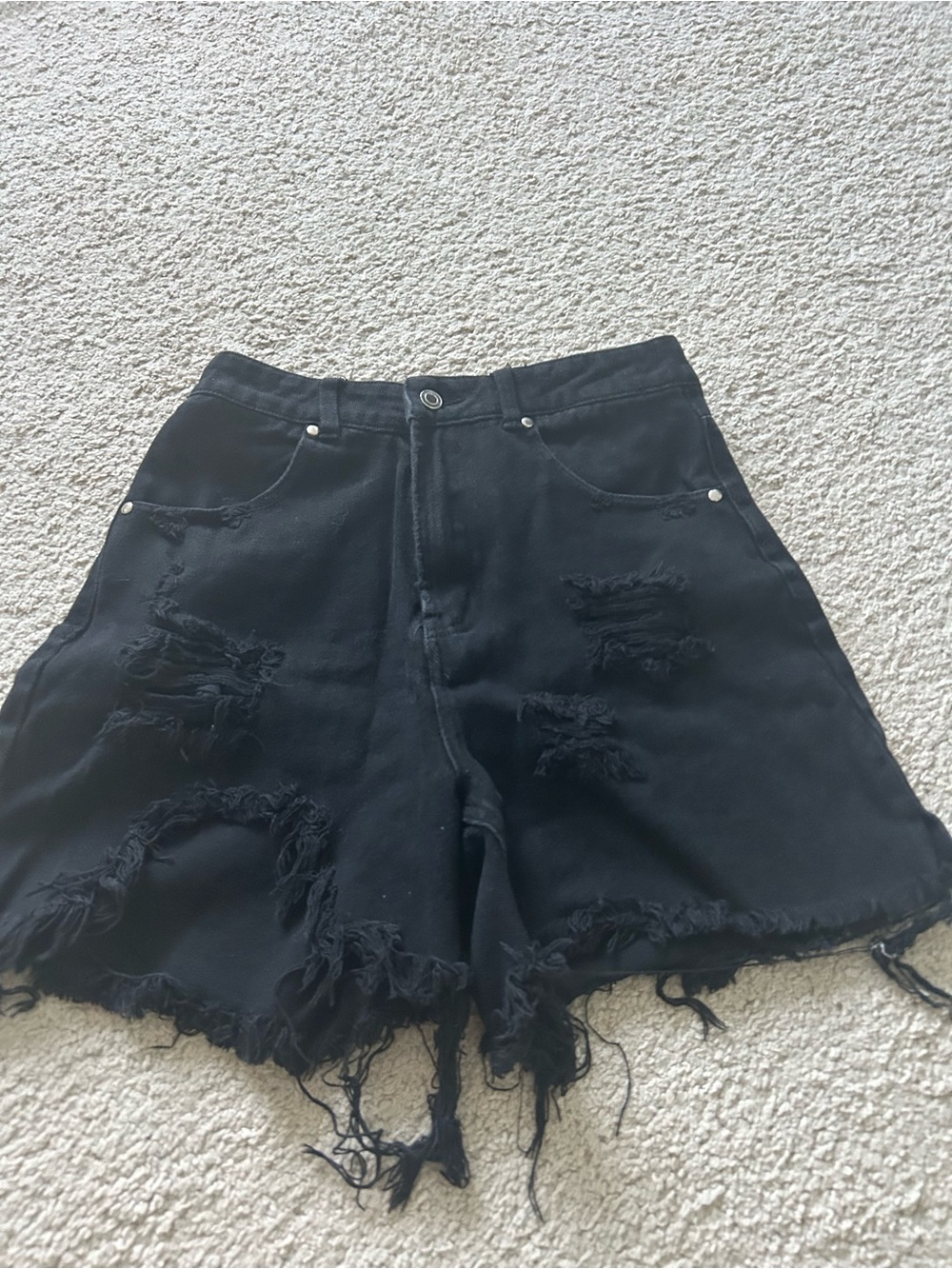 Black Distressed High-Waist Denim Shorts